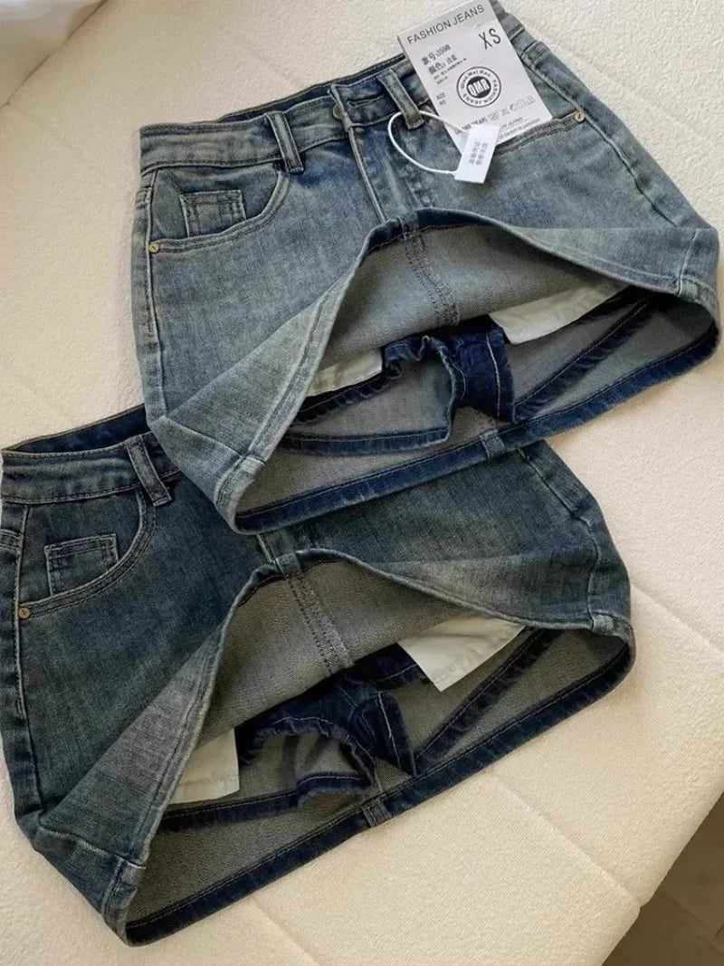Sexy Retro Denim Skirt Women Anti-Light High Waist A-Line Slimming American Hot Girl Wrap Body Skirt Summer Fashion Mini Skirt