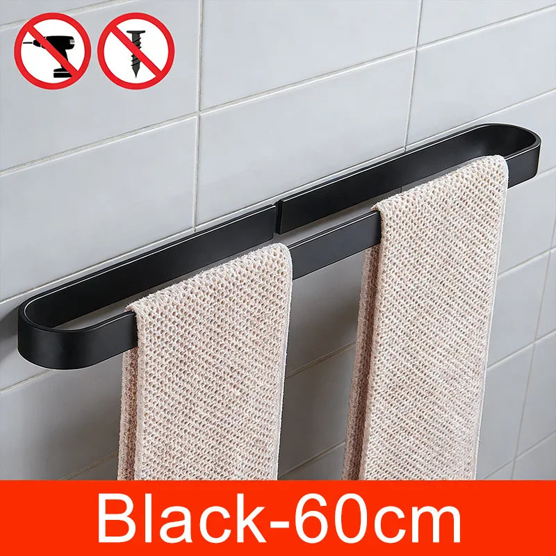 Self-adhesive Black Bath Towel Holder Bathroom Towel Rack No Punch Towel Rail Rack Towel Holder Bath Storage Shelf ML65B