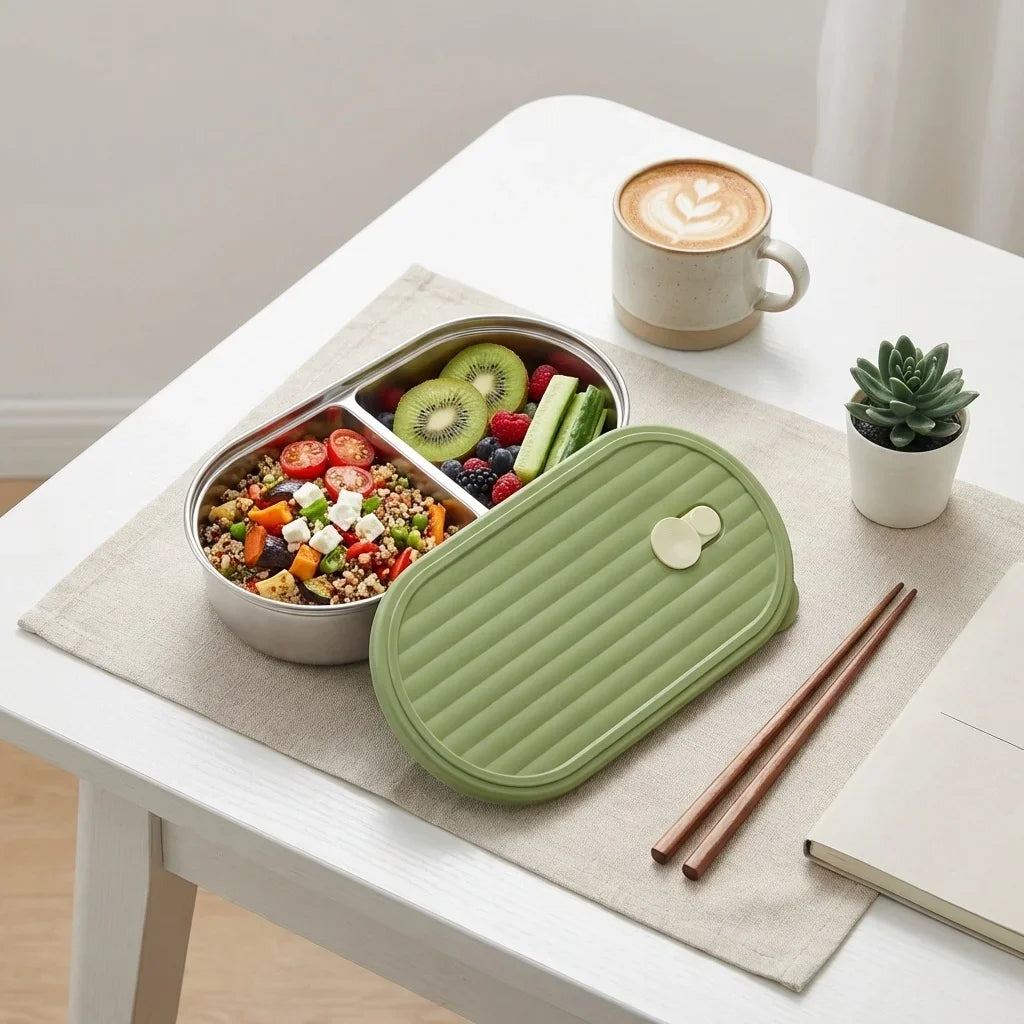 Microwaveable 304 Stainless Steel Bento Box Oval Divided Lunch Box 2 Grids Food Storage Container For Kids Students School