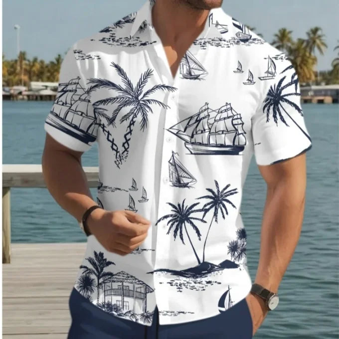 Cat Cartoon Print Shirt] Plus Size 3D Digital Print Cartoon Fun Men's Short Sleeve Button Shirt Fashion Hawaiian Vacation Shirt
