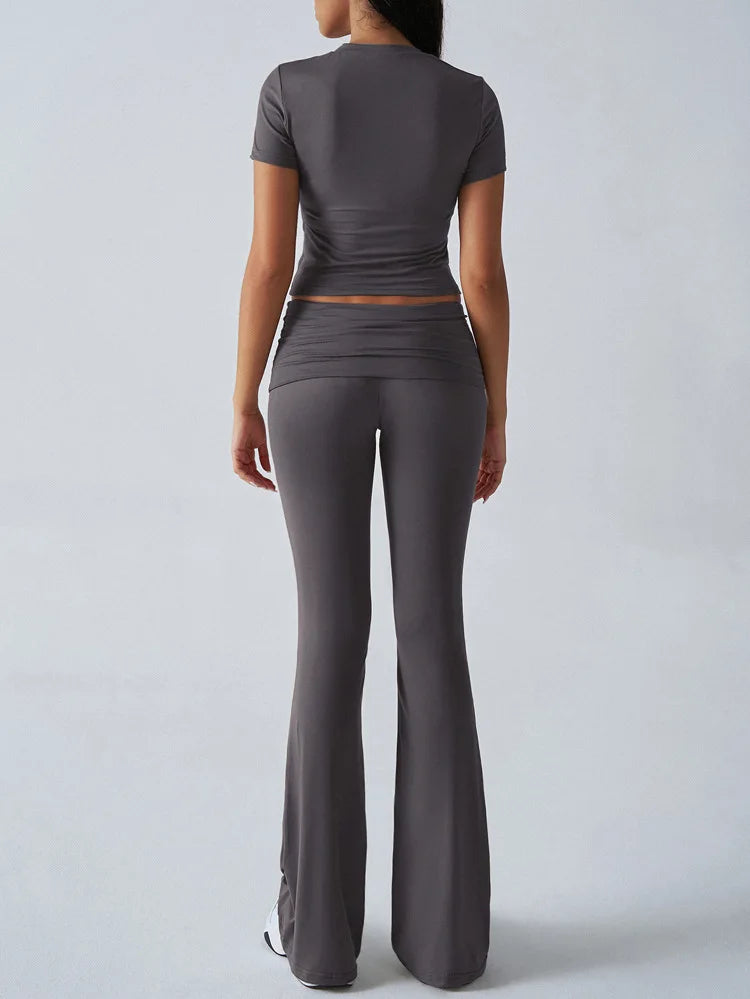 Women's Sexy Tops Suits 2026 Summer Latest Casual Solid Color Yoga Suit Slim Fit Sports Short Sleeved Pants Two-Piece Set Outfit