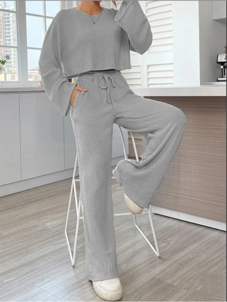 Casual Grey Long Sleeve Round Neck Suit Women's Solid Color Loose Top Trousers Autumn Sports Fashion 2 Piece Sets Women Outfit