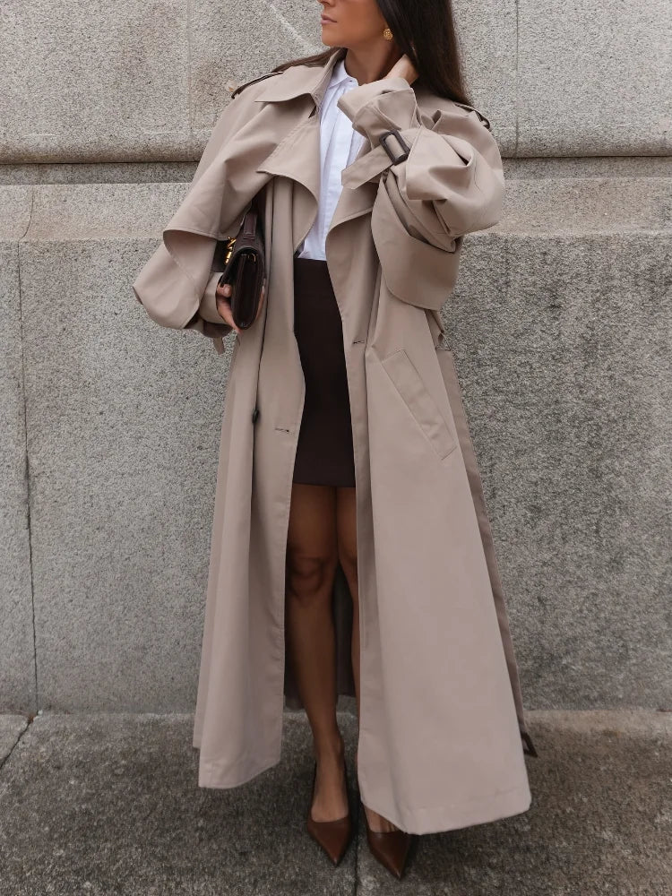 Casual Lace Up Long Trench Coat Women Chic Solid Color Full Sleeve Lapel Windbreaker 2026 Fall New Fashion Loose Commute Jackets