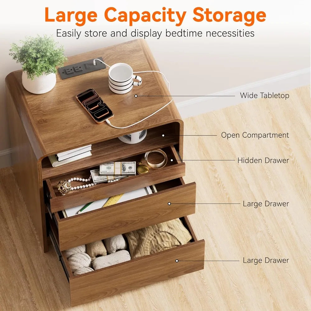 Modern Nightstand Set of 2 23.8" Walnut Nightstands with Hidden Drawers Wood Modern Bedside Table Curved Profile, Customized