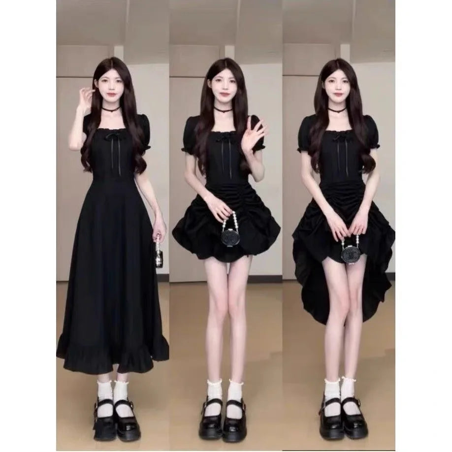 Sweet Pure Desire ort Skirt Summer Slimming Waistline Red Square Collar Long Dr Women's Faionable Versatile A-Line Dr