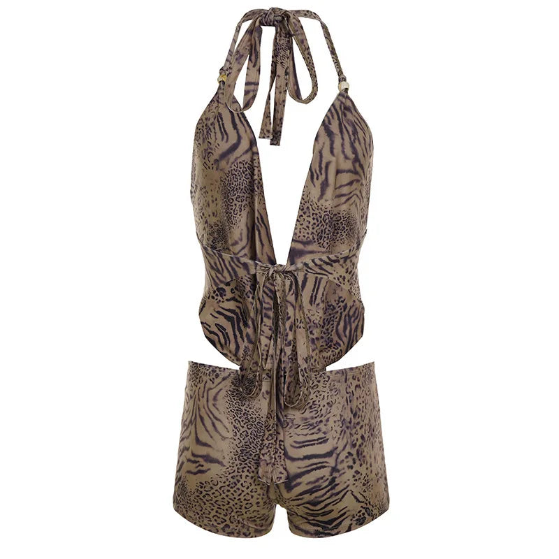 Woman's Leopard Print 2 Piece Set Outfit Halter Deep V-neck Backless Halter Top & Low-Rise Shorts Sexy 2pcs Summer Clothes 2026