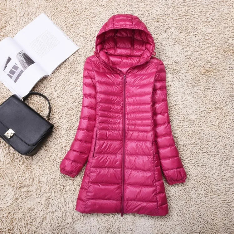 Plus Size White Duck Down Jacket Light-weight Down Jacket Women Inner Cloth Coat Ladies Long Winter Hat Hooded Femal