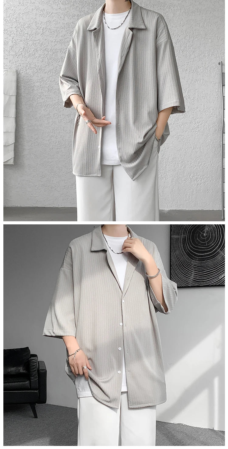 LEGIBLE Spring Summer Solid Shirts Men Casual Oversized Three Quarter Shirts Male Loose Fit Shirt for Man