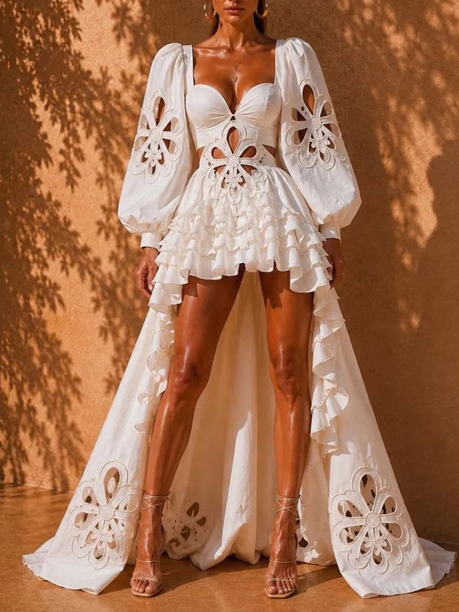 VGH Fashion Style White Cutout Floral Accent Gown for Women Square Collar Puff Sleeve Asymmetric Train Skirt for Beach Elopement