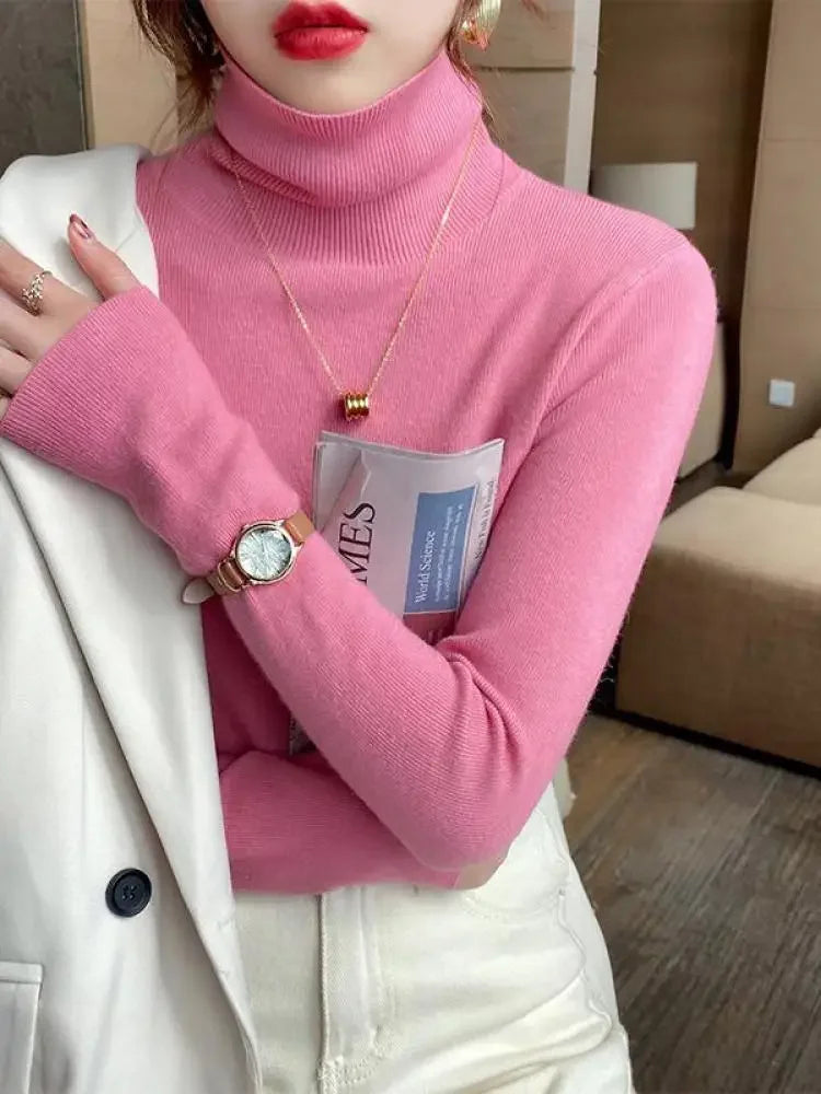 2026 Autumn Winter Basic Slim Soft Solid Color Turtleneck Sweater Pullover Women Casual Long Sleeve Chic Bottom Knitted Jumper