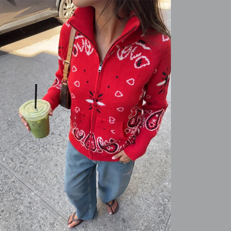 Elegant Knitted Print Women's Cardigan Loose Full Sleeve Stand Collar Zipper Sweaters Female 2026 Autumn Outwear Pockets Lady