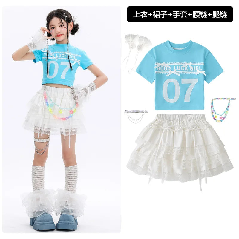 Kid Cute Hip Hop Clothing BLue Crop T Shirt Sleeves White Layered Lace Pleated Mini Skirt for Girls Jazz Dance Costume Clothes