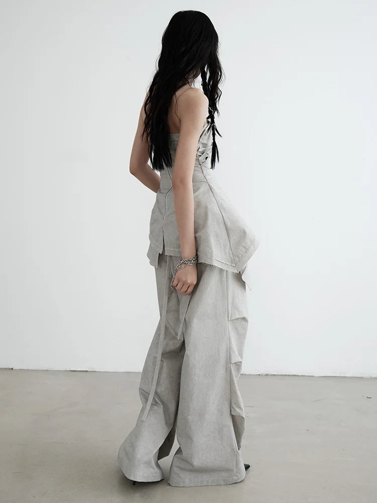 [EAM] Women Gray Pleated Irregular Hem Elegant Tank Tops New V-collar Sleeveless Personality Fashion Spring Summer 2026 1DH6256