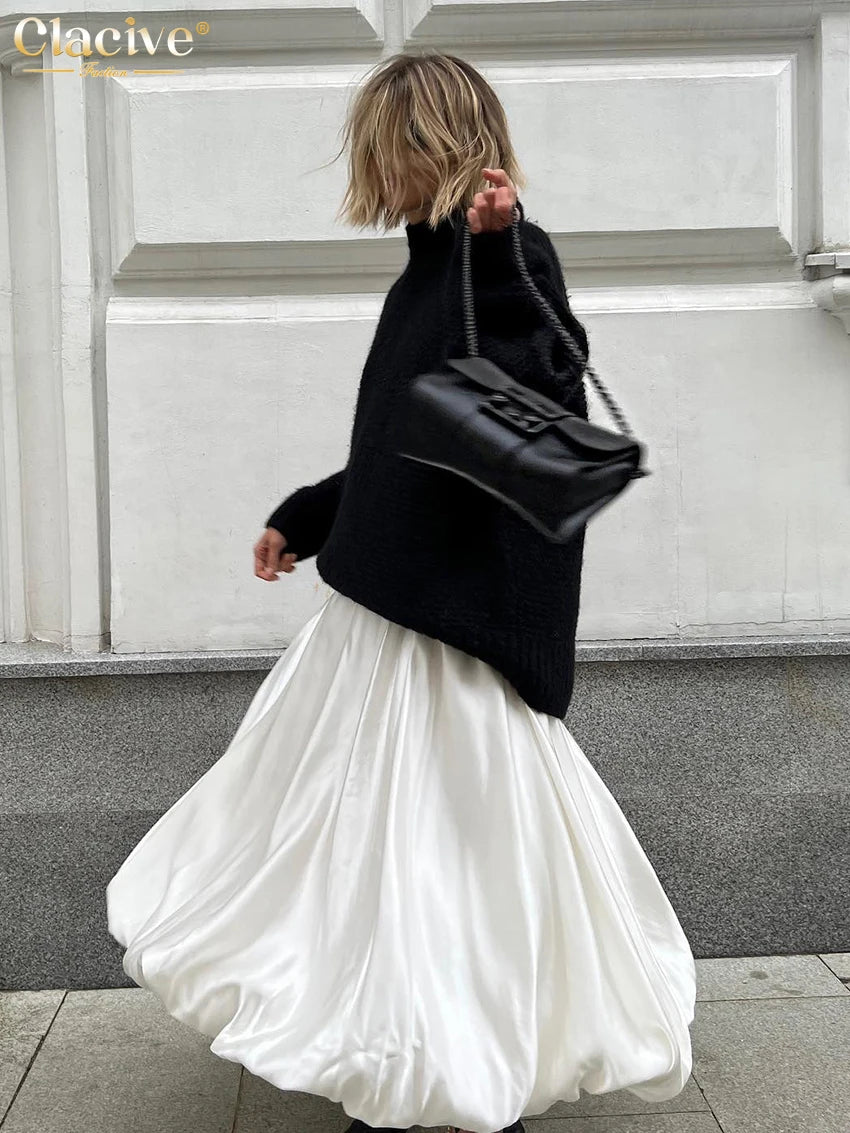 Clacive Fashion Beige Satin Skirts For Women Elegant High Waist Office Lady Ankle-Length Skirt Casual Loose Skirt Female Clothes