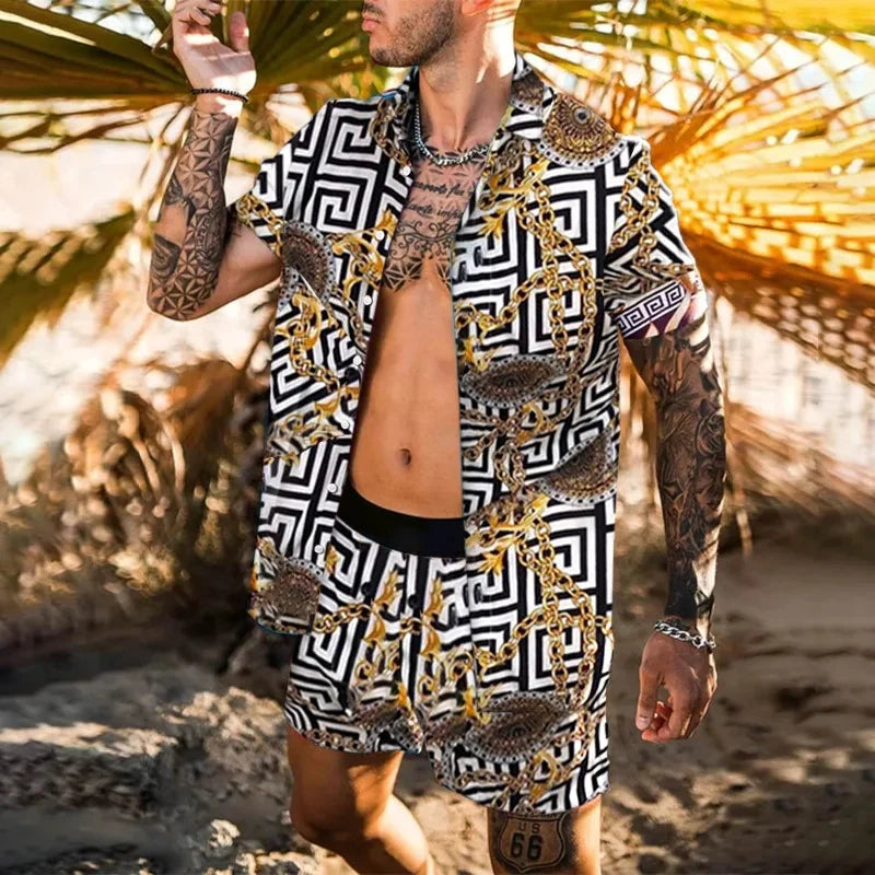 2024 Summer Men's Fashion Leopard Print Short Sleeve Shirt And Shorts Set Beach Style T Shirt Breathable Shorts Two Piece Set
