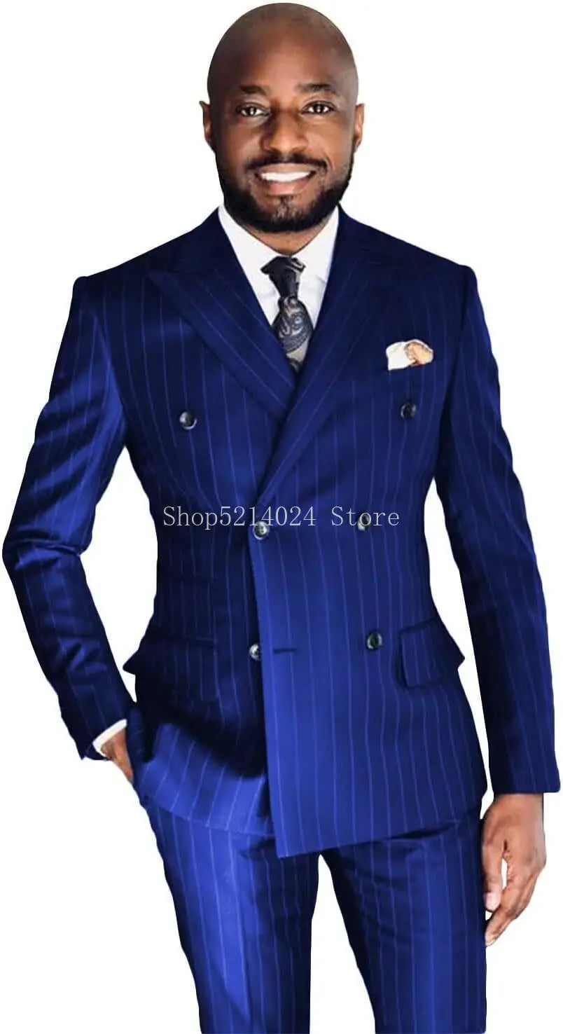 Men's Pinstripe Suit 2-Piece Set Double Breasted Business Casual Wedding Party Suit