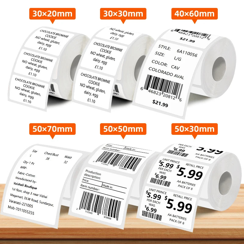 5 Rolls of Thermal Label Paper, Coreless White Self-Adhesive Waterproof Stickers, Suitable for Portable Handheld Printers - for Barcodes, Addresses, Shipping, Corporate Offices, Commercial and Home Labels 30*20mm 30*30 40*20