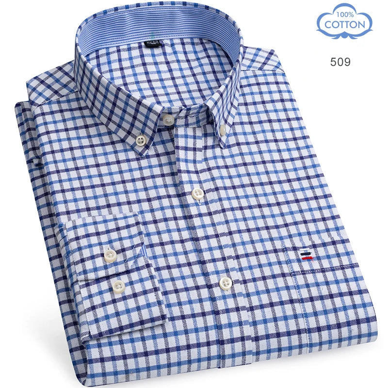 100% Pure Cotton Oxford Shirts for Men Long Sleeve  Plaid Shirt Striped Male Shirt BusinessTartan  Red Shirt Men Designer Shirts