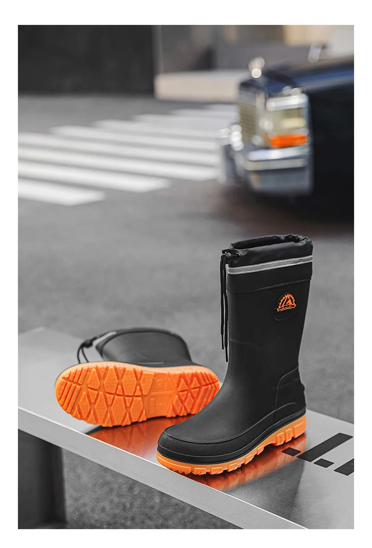 Men's Winter Fleece Lined Mid-Calf Rain Boots Anti-Slip Waterproof Work Rubber Boots Car Wash Fishing Outdoor Wear Water Shoes
