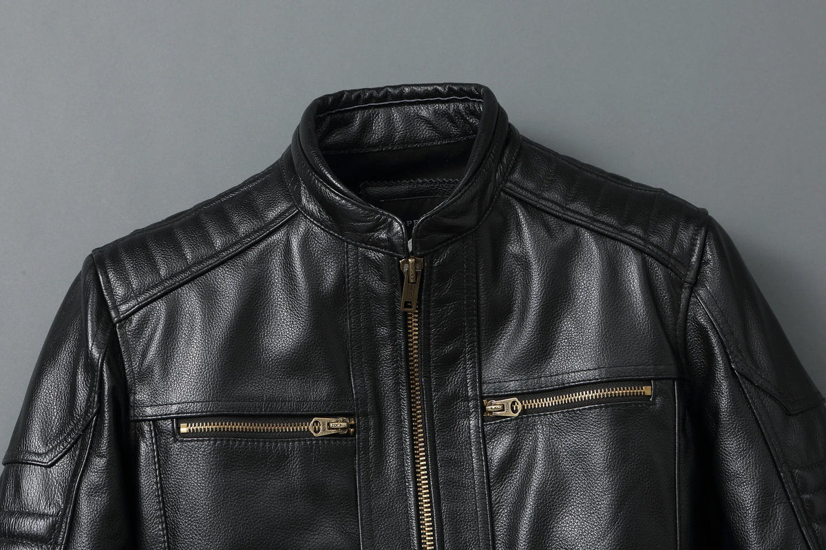 2023 New Motorcycle Causal Vintage Leather Coat Men Autumn Outfit Fashion Biker Pocket Design Top Layer Cow Leather Jacket