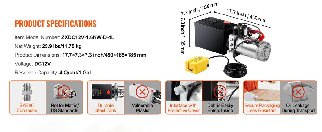 SucceBuy Hydraulic Pump 4-20 Quart Dump Trailer Pump Single Acting Dump Trailer Pump DC 12V Hydraulic Power Unit for Car Lifting