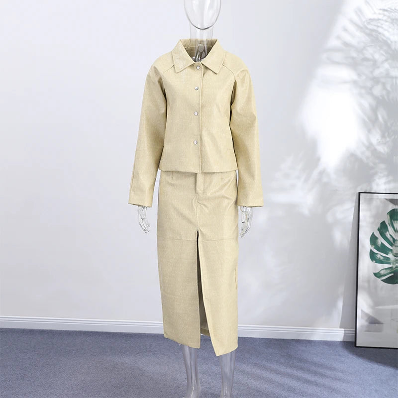 Women's Skirt Sets Crocodile Faux Leather Lapel Long Sleeve Button Oversized Jackets Straight Skirts Autumn Female Loose Outfits