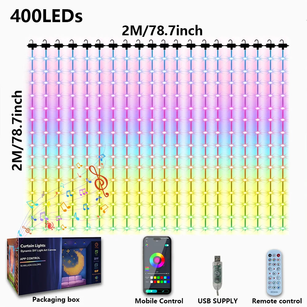 Smart LED Curtain Lights USB Bluetooth App Remote Control,DIY Text Pattern Music Sync RGB IP65 Waterproof Fairy String Light for