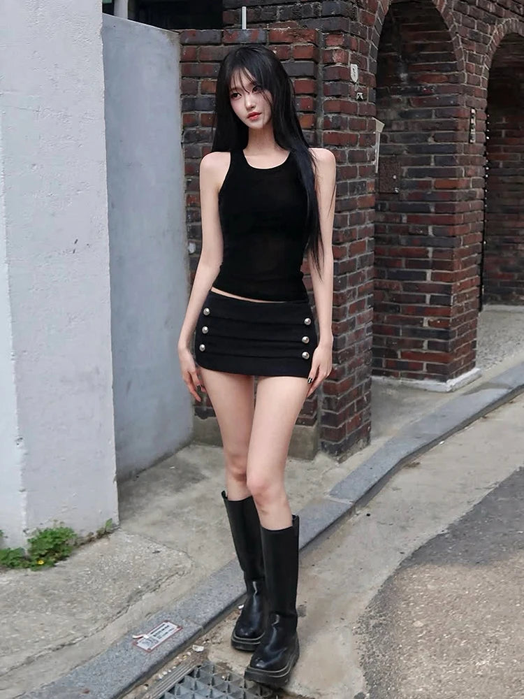 Nibber High Elasticity Hottie Double-Breasted Decoration Short Women Folds Elastic Waist Midnight 2026 Summer Fashion Streetwear