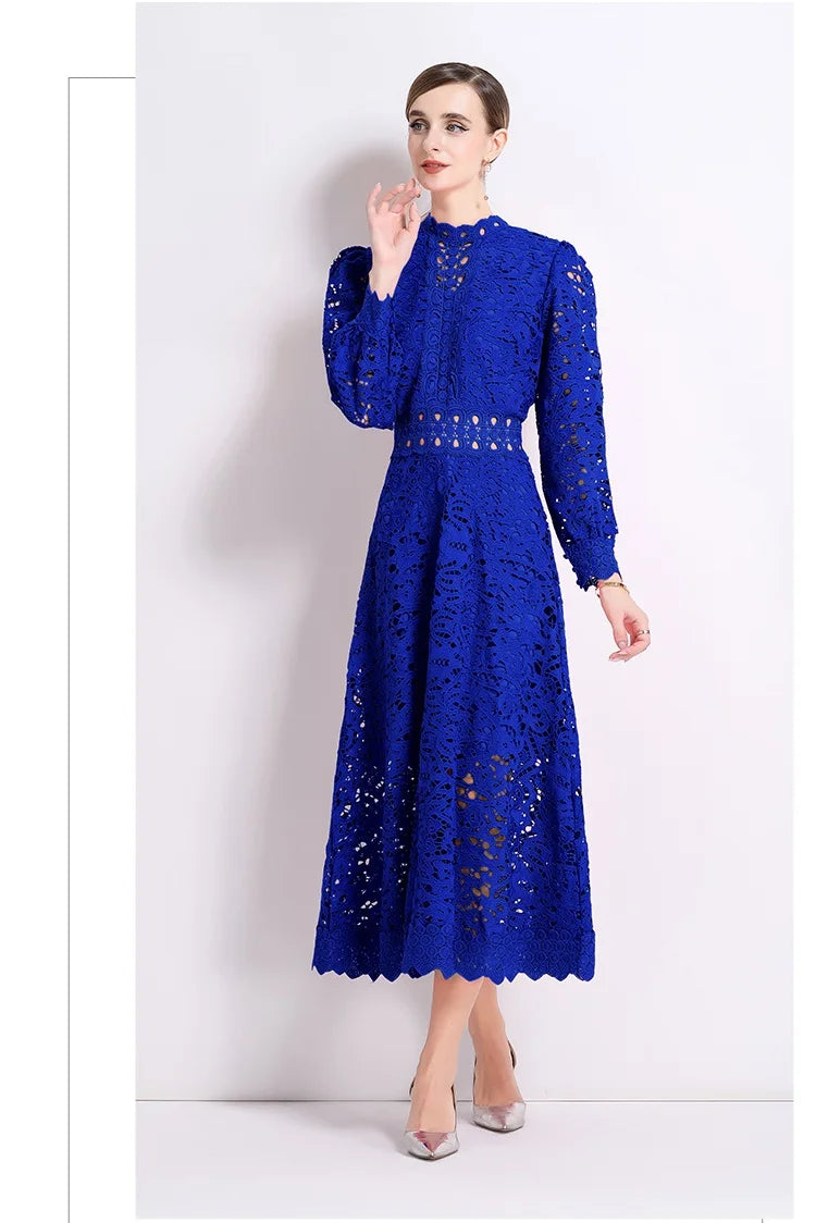 Solid Lace Holloe Out Slimming Elegant Dresses For Women Stand Collar Long Sleeve High Waist Minimalist Dress Female Fashion