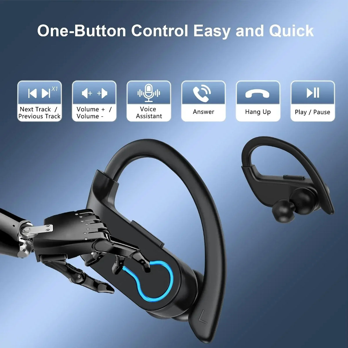 Bluetooth V6.1 Earphones True Wireless Headphones with Mic Button Control Noise Reduction Earhooks Waterproof Headset for Sports