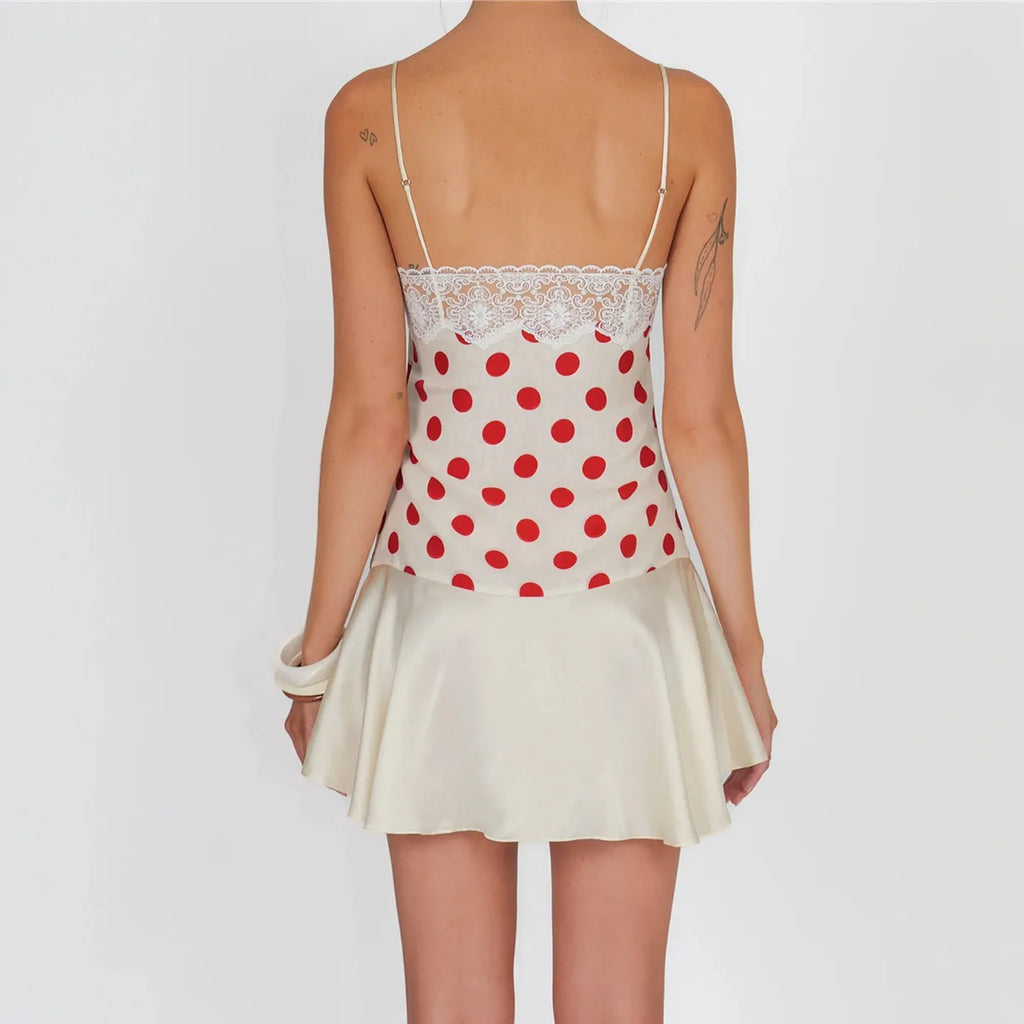 Women Y2K Polka Dot Cami Dress Lace Trim Spaghetti Strap Satin Ruffle Hem Bodycon Mini Dress Summer Casual Streetwear