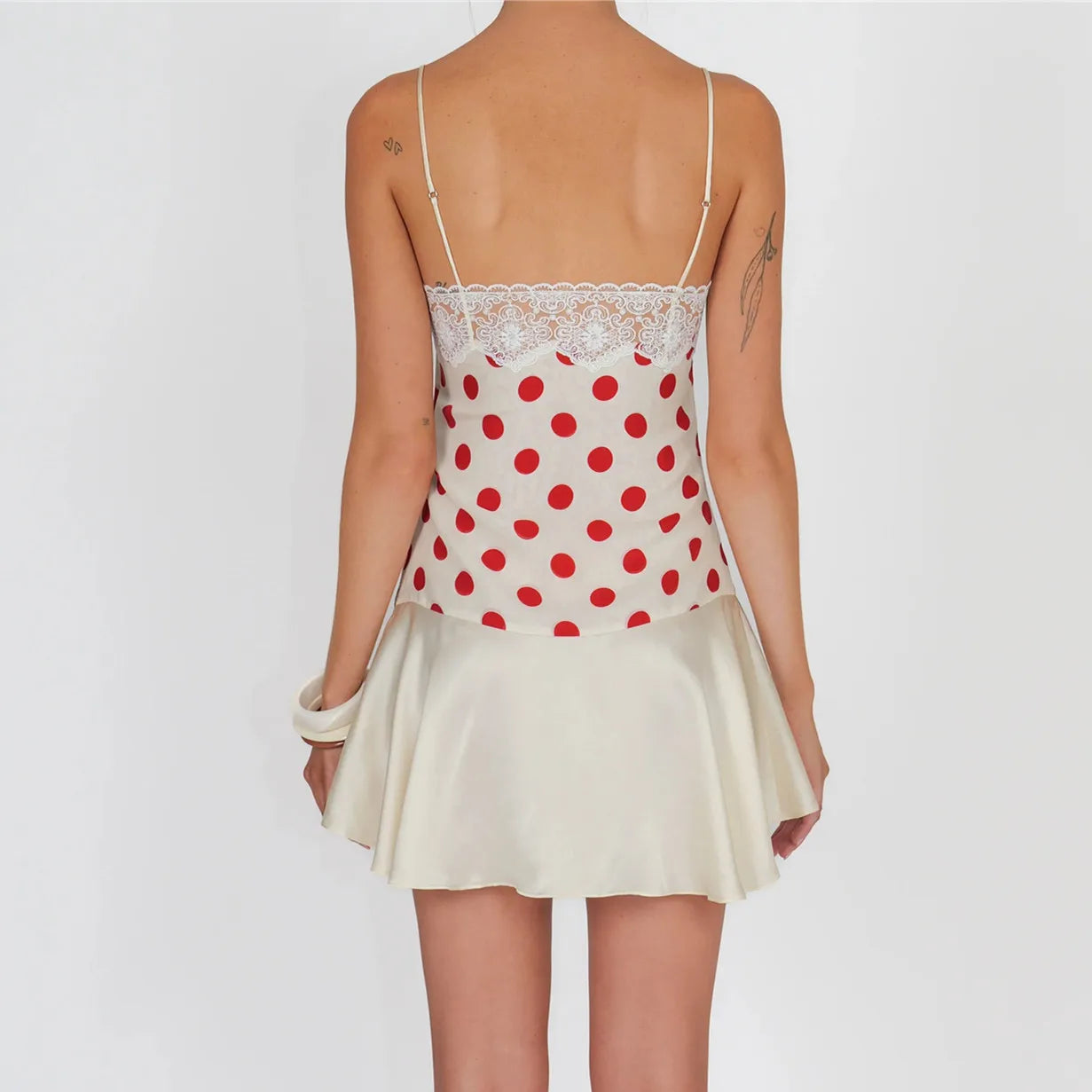 Women Y2K Polka Dot Cami Dress Lace Trim Spaghetti Strap Satin Ruffle Hem Bodycon Mini Dress Summer Casual Streetwear