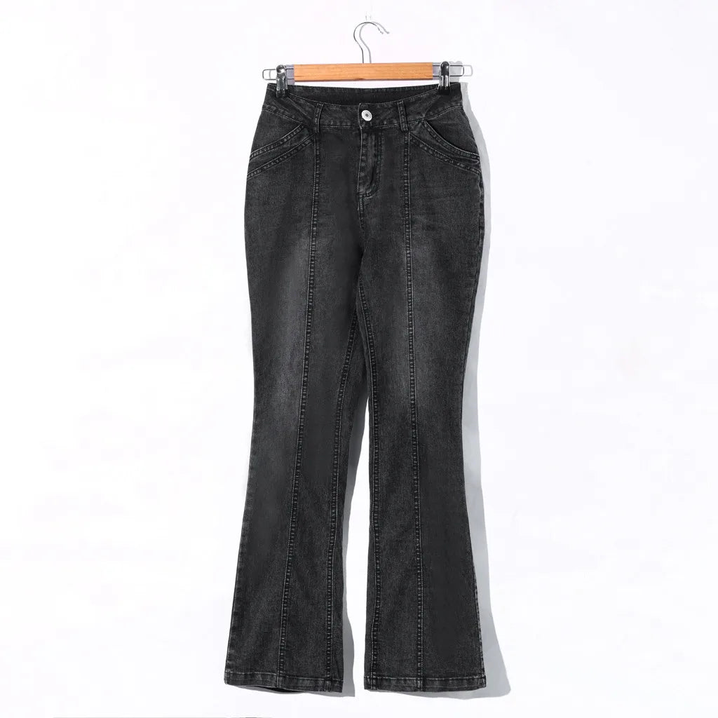 Women'S Jeans Denim Mid Waisted Denim Pants Embroidery Stretch Button Flare Pants Jeans 90s Vintage Clothes For Female