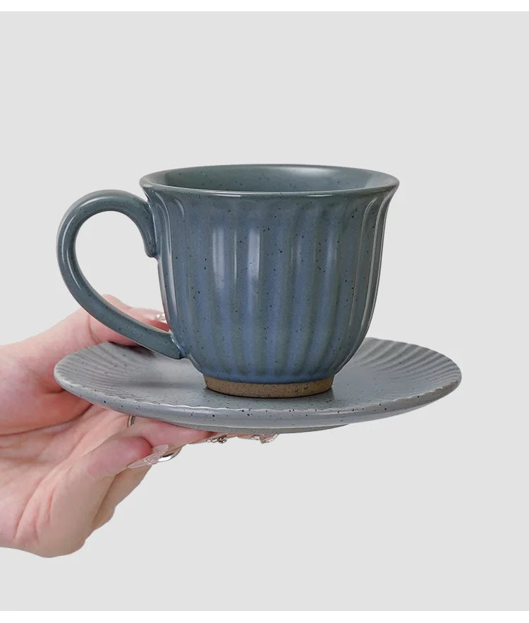 A Set of Cups and Plates Coffee Cup Retro Style Ceramic Striped Office Afternoon Tea Coarse Pottery Drinking Water Milk Cup