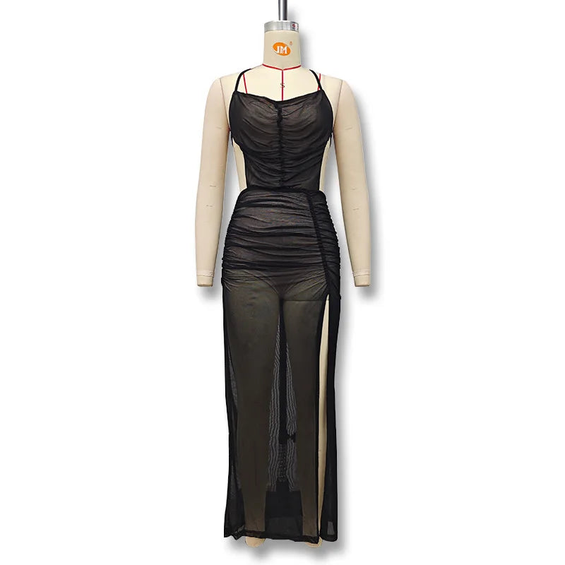 Sexy See-through Mesh Long Dress High Split Halter Pleated Maxi Dresses Prom Party Vestidos Women Backless Outfit Beach Sundress
