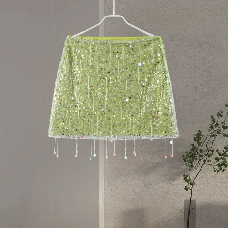 Sexy Tassel Sequins Vest Mini Skirt Women Crop Sling Vests Short Hip Package A-line Skirts 2026 Summer Lady Beach Party Outfits