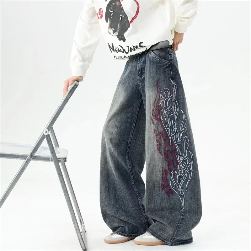 New Y2K Flame Embroidered Streetwear Flared Jeans For Man Hip Hop Fashion Straight Baggy Denim Pants Harajuku Streetwear Jean