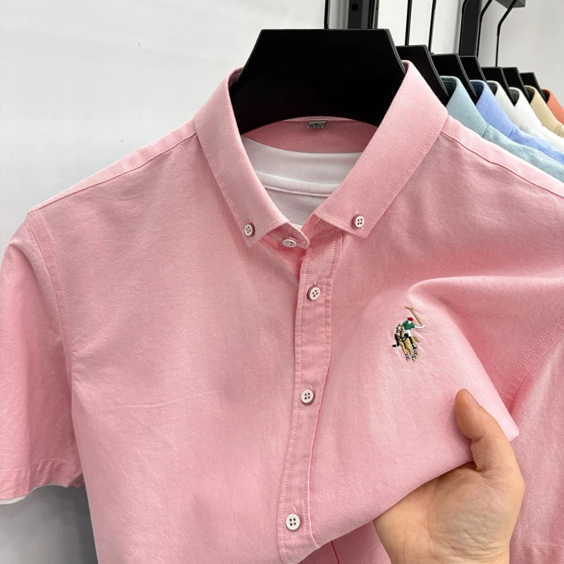 Short Sleeved Shirt Men's Summer New Item Pure Cotton High-end Brand Little Horse Logo Embroidered Casual Shirt