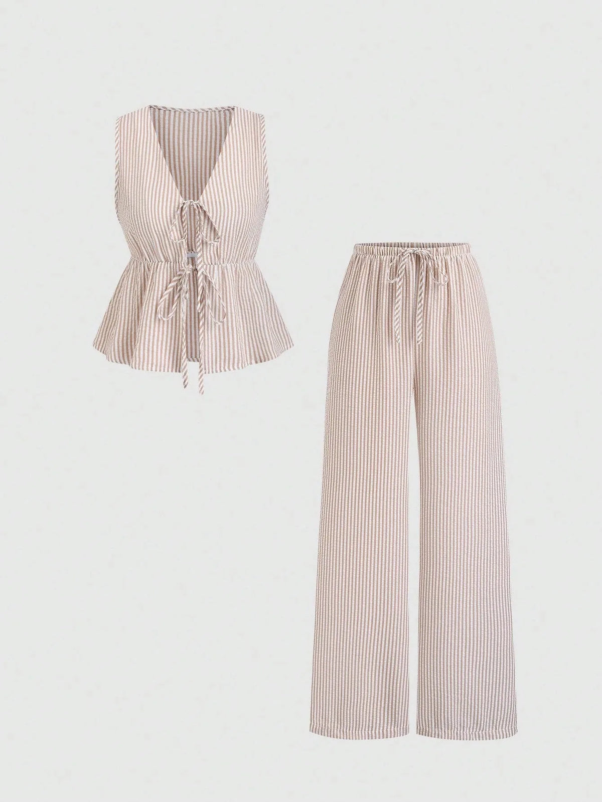 New Summer Striped Trousers Set Casual Everyday Comfortable Holiday Style Sleeveless Lace-up Wide-leg Trousers Two-piece Sets