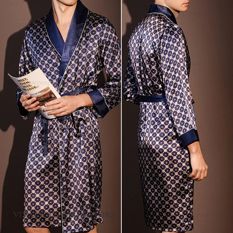 Pajama Men's Robe Kimono Gown Bathrobe with Pockets Print Sleepwear Home Clothing Spring Autumn Satin Nightwear Loose Loungewear
