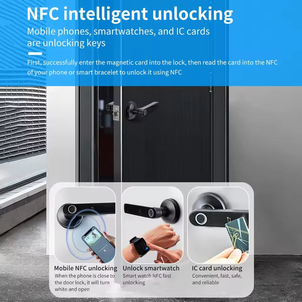 Work with Tuya App Bluetooth Smart Fingerprint Door Lock Password Mechanical Key NFC Unlocking For Wooden Door Handle Lock IP65