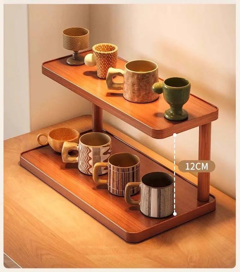 Versatile 2-Tier Wooden Storage Rack for Kitchen&Tea Room-Countertop Organizer with Decorative Desktop Multi-layer Storage Rack