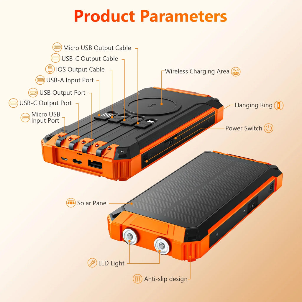 20000mAh Portable Solar Power Bank Dual LED Lights 4 Built-in Cables Fast Charging for iPhone Android Phones AirPods