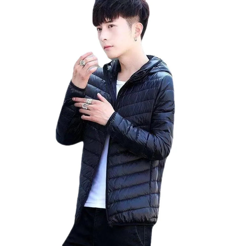 Down Cotton Coat Man 2025 Light Feathered Cotton Jacket Winter Slim Hooded Stand-Up Collar Solid Color Warm Clothing