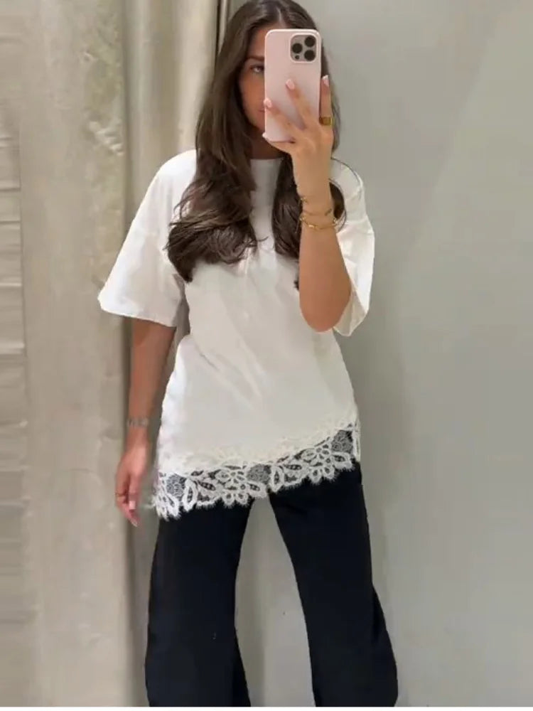 Elegant Satin Lace Patchwork Top Women Casual O-neck Loose Long Sleeves Strappy Female Shirt 2026 Spring Lady Fashion T-shirt
