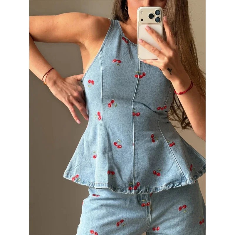 Denim Printed Pants 2 Piece Set Women Elegant Round Neck Sleeveless Vests Slim Long Pant Suits 2026 Lady Daily Street Outfit New
