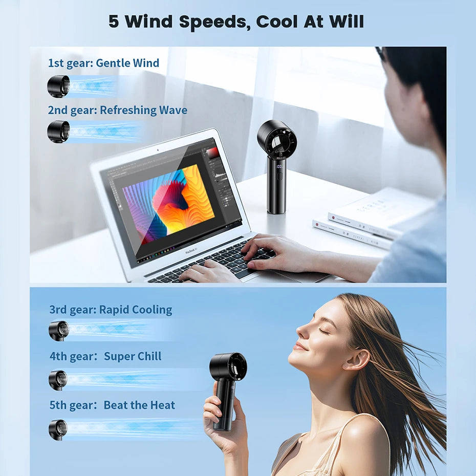 coldSky Handheld Mini Fan 4000mAh Battery Portable Rechargeable Fan with LED Display 5 Speed Turbo Fan for Beach Travel Vacation