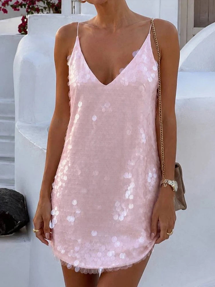 Sexy Lace Sequined Patchwork Dress Women Solid Sling Hollow Out Female Mini Dresses 2026 Summer Autumn Beach Fashion Lady Robe