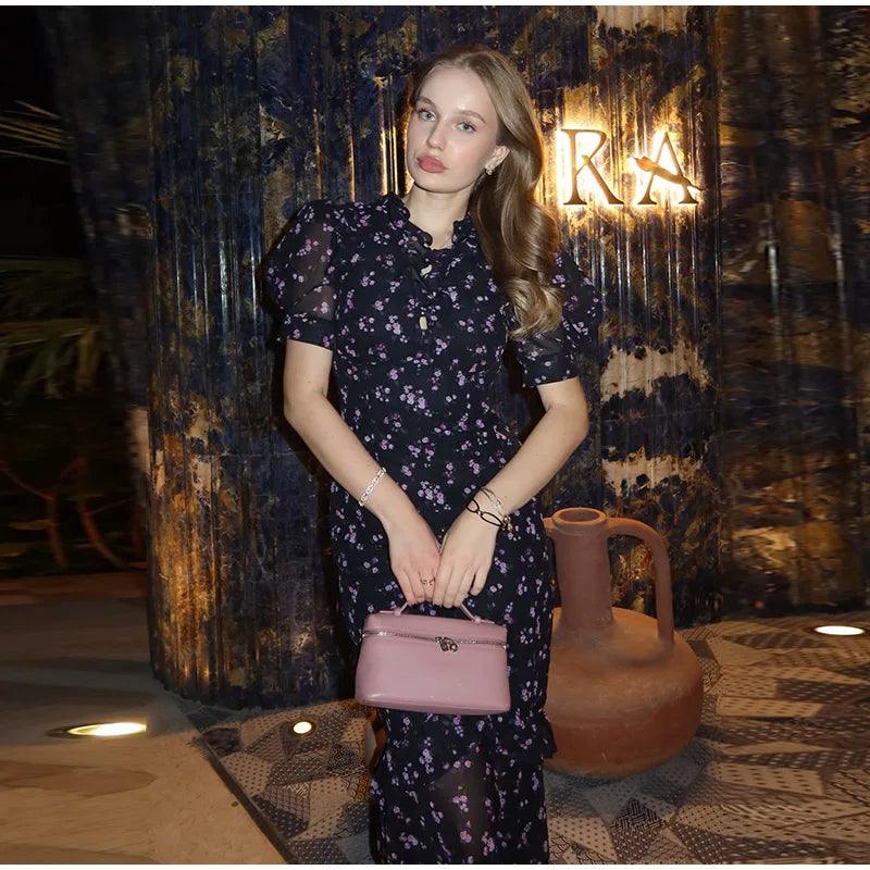 Elegant Printed Lace Trim V-Neck Dress Women Puff Sleeve Ruffled Hem Slit Maxi Dresses 2026 Summer New Lady Fashion Evening Wear