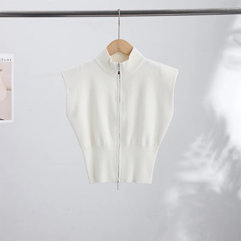 Sleeveless Padded Shoulder Women's Knitted Vest Half Turtleneck Double Zipper Cropped Slim Solid Knit Cardigan Street New Tops